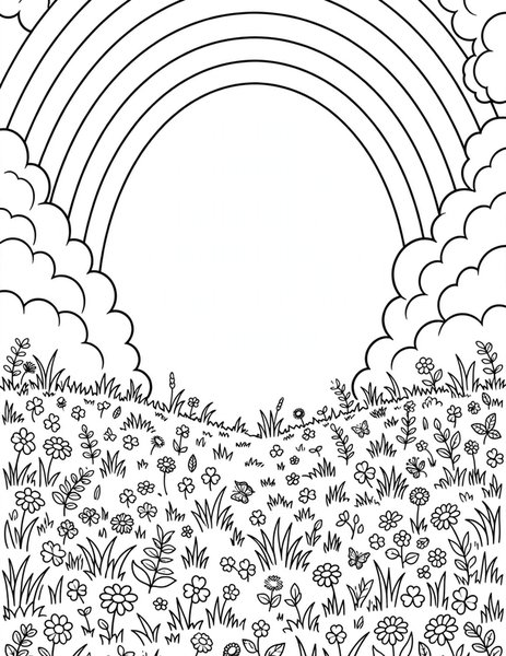 Rainbow coloring page: A rainbow arcs after the rain.