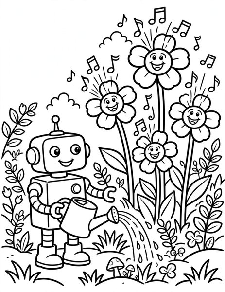 Robot Gardener coloring page: A robot tends a garden of singing flowers.