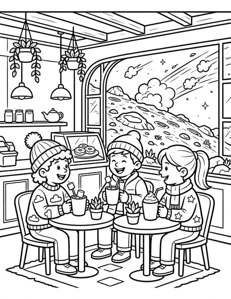 Comet Cafe coloring page: Friends sip hot cocoa inside a cafe on a comet.