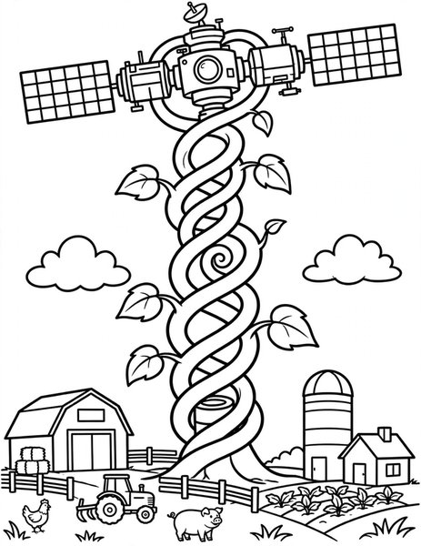 Space Beanstalk coloring page: A giant beanstalk grows from Earth to a space station.