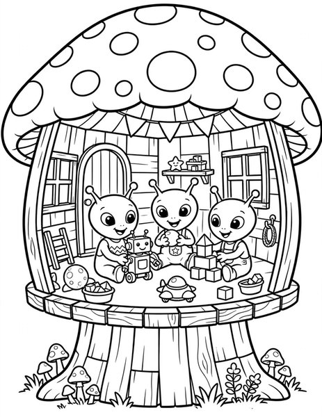 Alien Treehouse coloring page: Alien kids play in a treehouse on a mushroom tree.