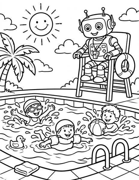 Robot Lifeguard coloring page: A robot lifeguard watches swimmers in a pool.