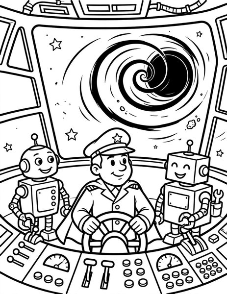 Starship Bridge coloring page: A captain and crew steer a starship past a black hole.