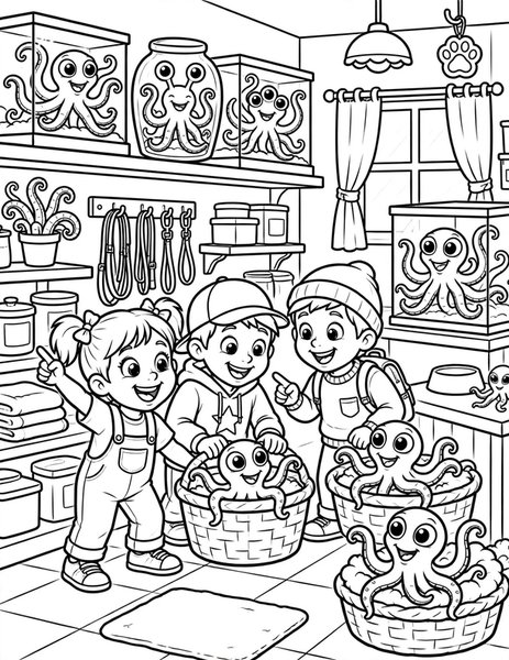 Alien Pet Shop coloring page: Kids pick out wiggly alien pets at a pet shop.