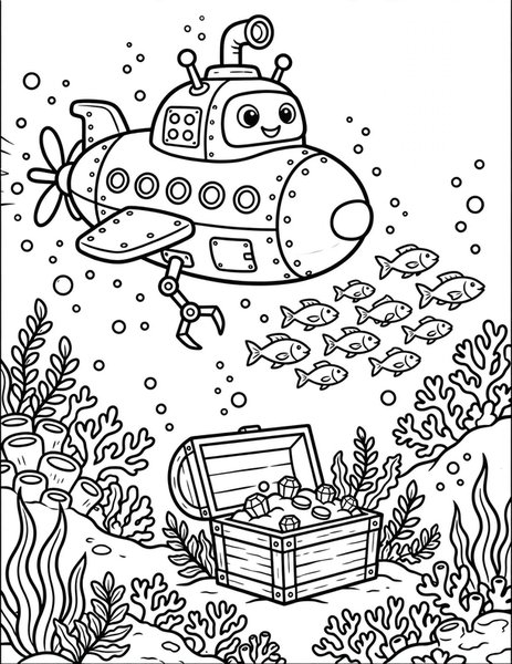 Robot Fish coloring page: A submarine robot swims with fish in the deep sea.