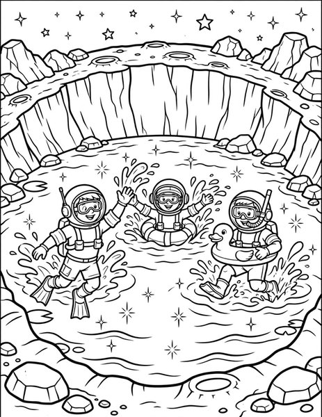 Moon Crater Lake coloring page: Astronauts swim in a lake inside a moon crater.