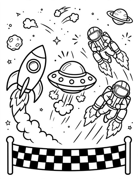 Space Race coloring page: Rockets, saucers, and jetpacks race to the finish line.