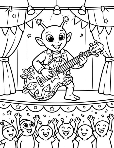 Alien Music coloring page: An alien plays a guitar made from a crystal.