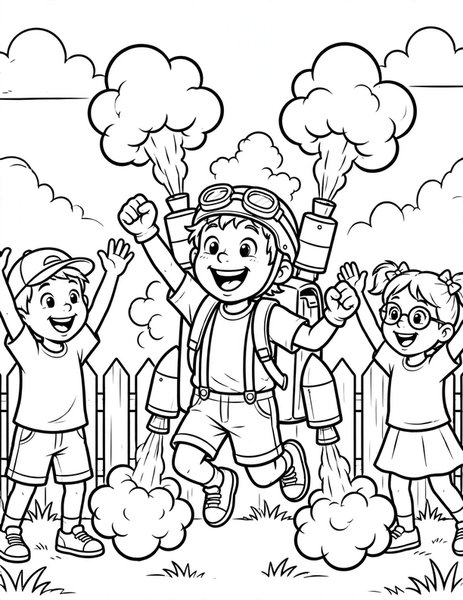 Rocket Backpack coloring page: A kid tests a homemade rocket backpack.