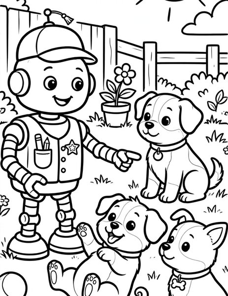 Robot Teacher coloring page: A robot teaches puppies to do tricks.