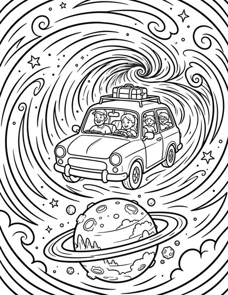 Wormhole Trip coloring page: A family drives their car through a swirling wormhole.