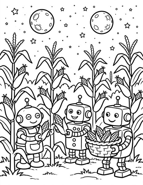 Space Farm coloring page: Robots harvest corn under a purple sky.
