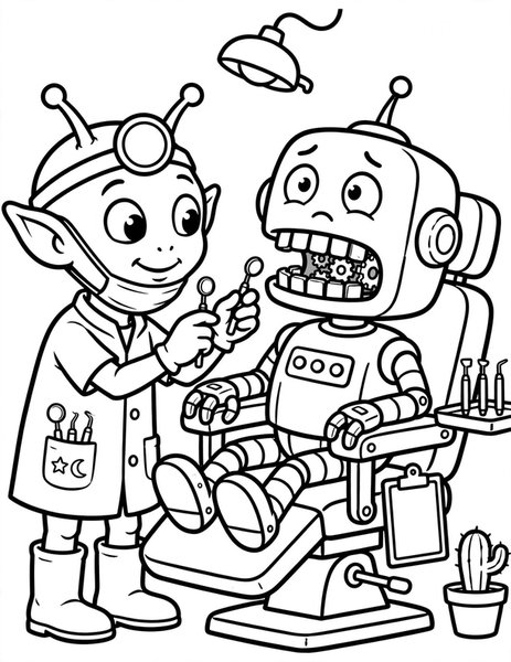 Alien Dentist coloring page: A gentle alien dentist checks a robot's teeth.