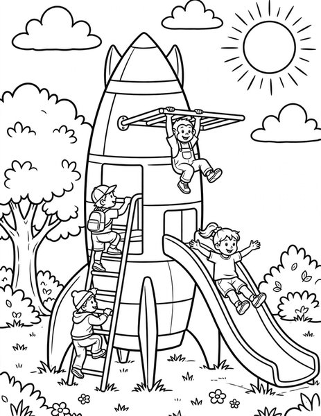 Rocket Playground coloring page: Kids climb on a rocket-shaped jungle gym.