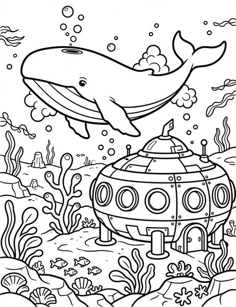 Space Aquarium coloring page: A whale swims past an underwater space base.