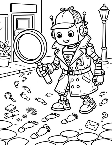 Robot Detective coloring page: A robot detective follows clues with a magnifying glass.