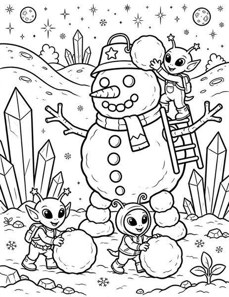 Alien Snow Day coloring page: Alien kids build a snow-robot on an icy planet.