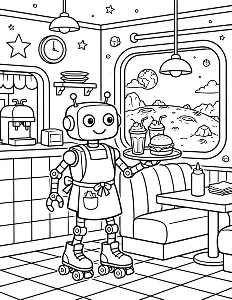 Space Diner coloring page: A robot waitress serves burgers at a retro space diner.