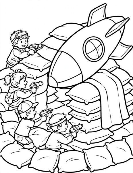 Star Fort coloring page: Kids defend a pillow fort shaped like a starship.