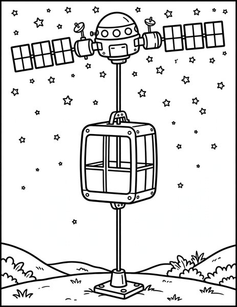 Space Elevator coloring page: A glass elevator climbs a cable to a space station.