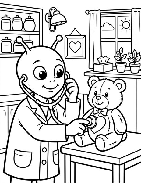 Alien Doctor coloring page: An alien doctor gives a teddy bear a checkup.