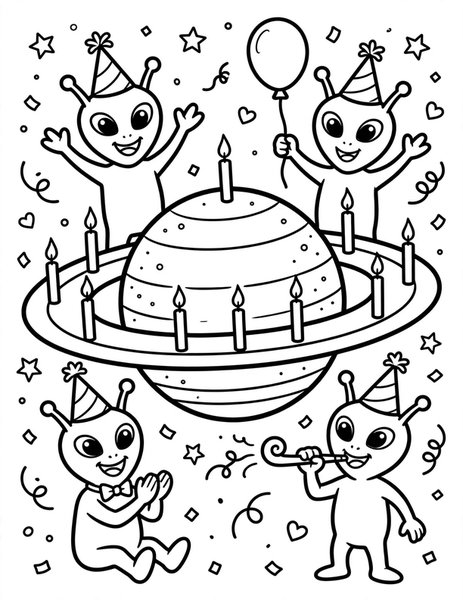 Alien Birthday coloring page: Aliens celebrate with a cake shaped like Saturn.