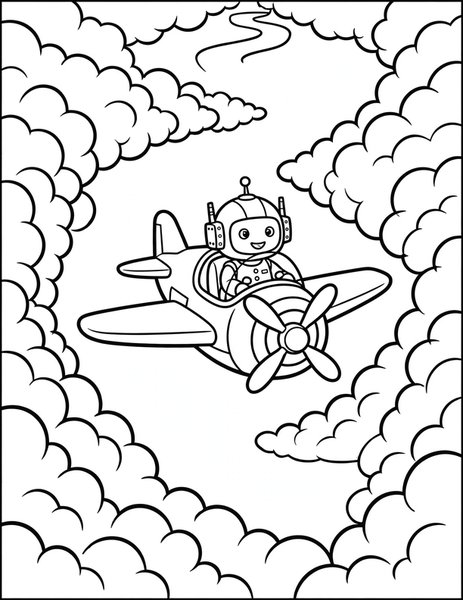 Robot Pilot coloring page: A robot pilots a plane through a canyon of clouds.