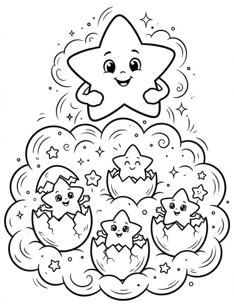 Nebula Nursery coloring page: Baby stars hatch from glowing eggs in a nebula.