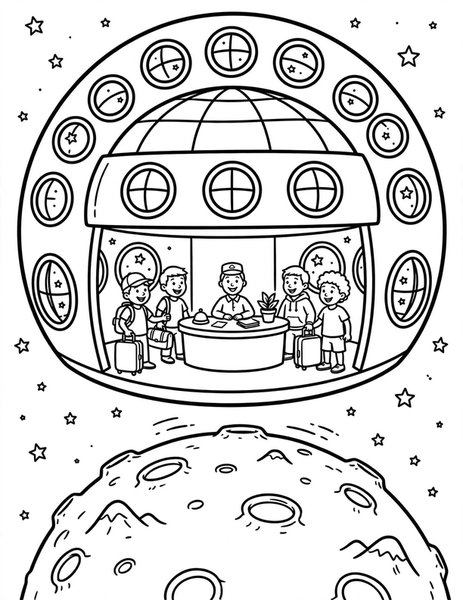 Space Hotel coloring page: Guests check in at a hotel orbiting the moon.