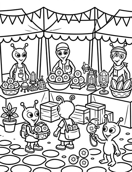 Alien Market coloring page: Vendors sell glowing fruit at a bustling alien market.