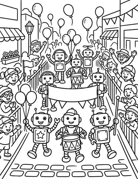Robot Parade coloring page: Robots march in a parade with balloons and drums.