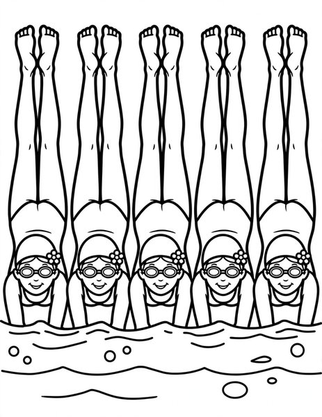 Synchro Swim coloring page: Swimmers move in perfect sync, legs kicking high above the water.