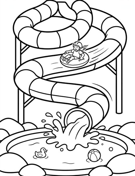 Waterslide Splash coloring page: A rider zooms down a twisty waterslide into a giant splash.