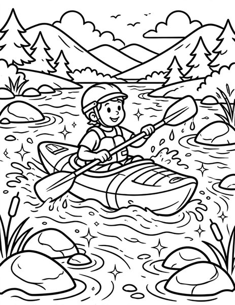 Kayak Paddle coloring page: A kayaker paddles through gentle rapids in a bright kayak.
