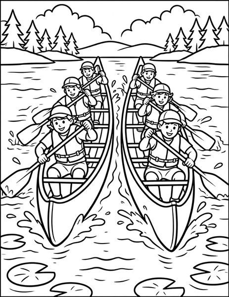 Canoe Race coloring page: Two teams paddle hard in a neck-and-neck canoe race.