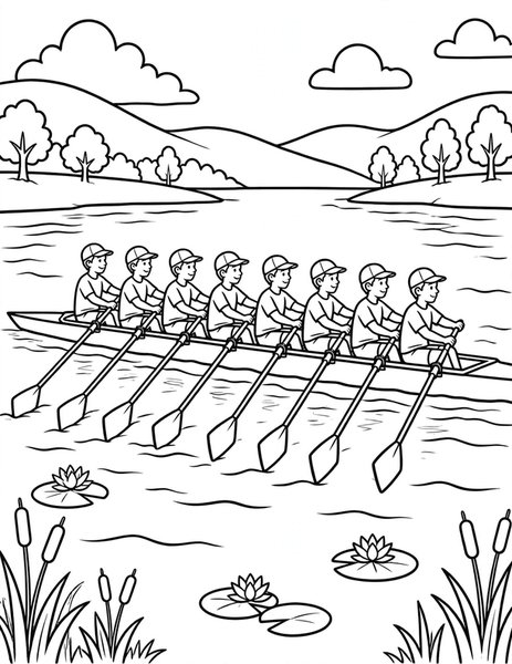 Rowing Crew coloring page: A rowing crew glides in perfect rhythm across the calm lake.