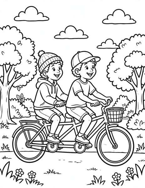 Tandem Bike coloring page: Two friends pedal a tandem bike.