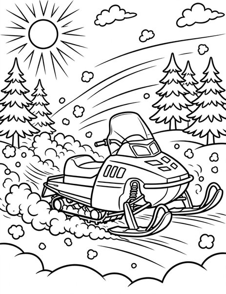 Snowmobile coloring page: A snowmobile dashes through powder.