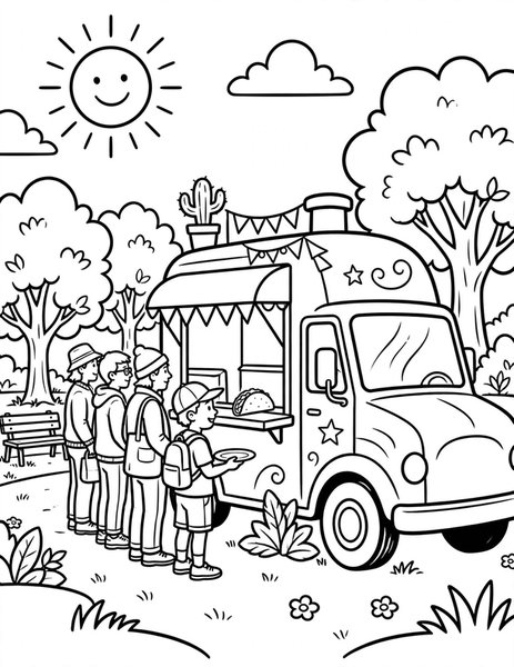 Taco Truck coloring page: A taco truck serves lunch in the park.