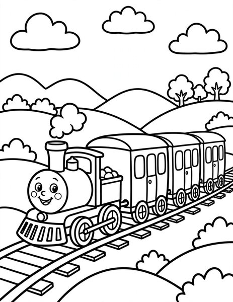 Little Engine coloring page: A little engine pulls colorful cars.