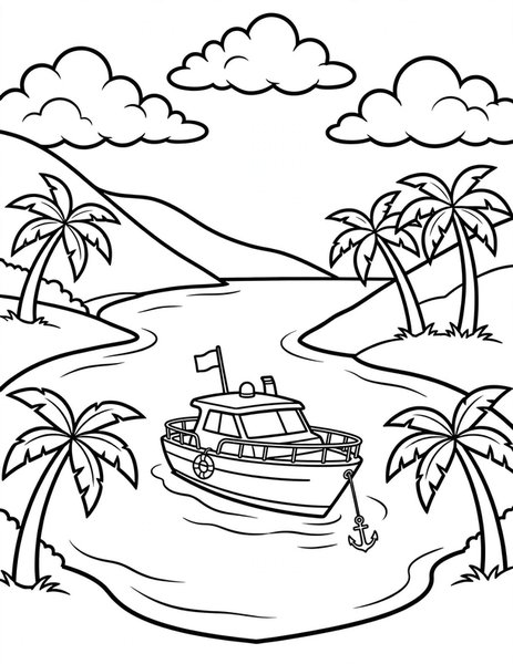 Yacht coloring page: A fancy yacht anchors in a quiet cove.