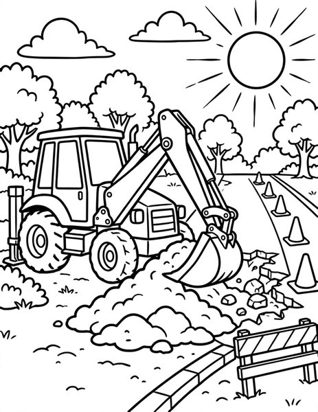 Backhoe coloring page: A backhoe scoops dirt by the road.