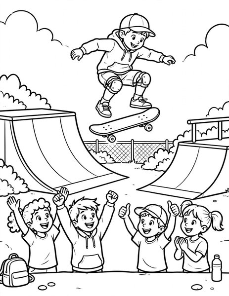 Skateboard coloring page: A kid does tricks at the skate park.
