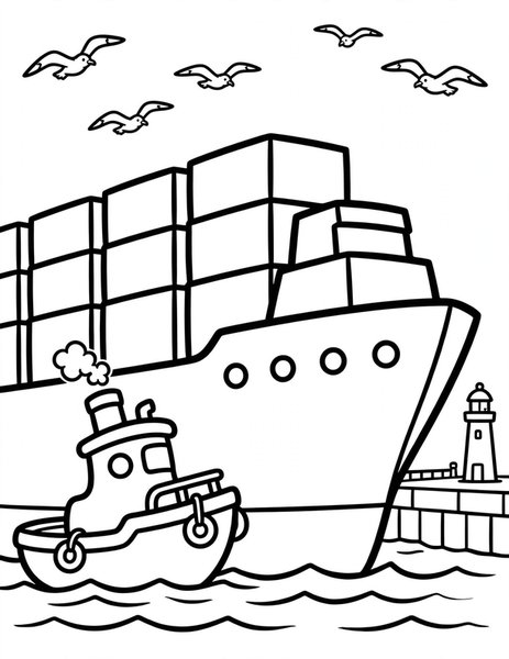 Tugboat coloring page: A tugboat pushes a big ship.