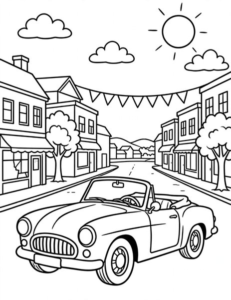 Vintage Car coloring page: A shiny old car cruises Main Street.