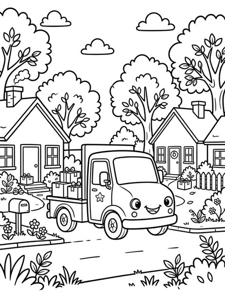 Mail Truck coloring page: A mail truck delivers letters door to door.