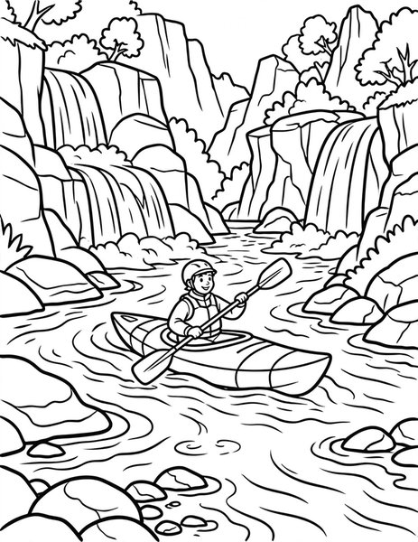 Kayak coloring page: A kayaker paddles past waterfalls.