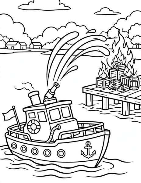 Fire Boat coloring page: A fire boat sprays water on a dock fire.