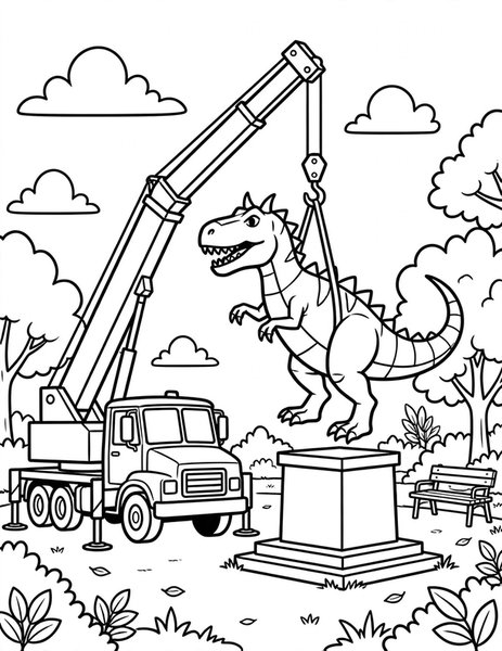 Sculpture Lift coloring page: A crane truck lifts a dinosaur sculpture.