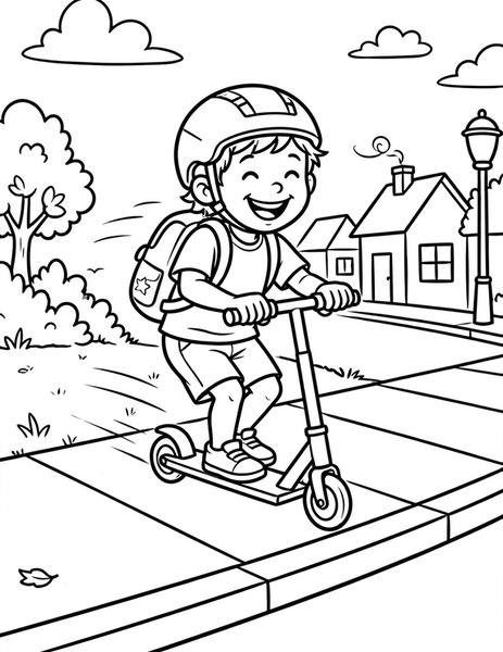 Kick Scooter coloring page: A kid zooms on a kick scooter.